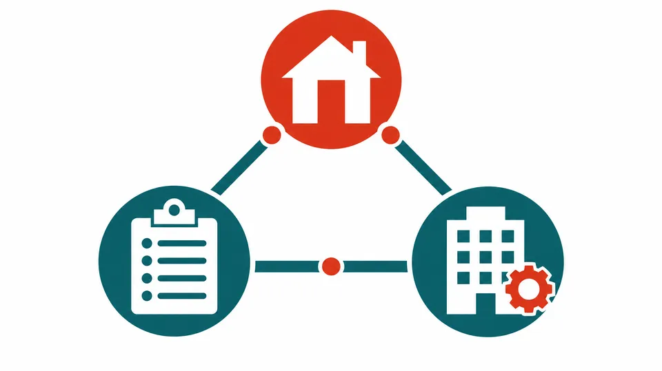 Duotone-grafik af tre forbundne symboler for hjemmet, arbejdsledelsen og arbejdsgiveren i en BPA-ordning