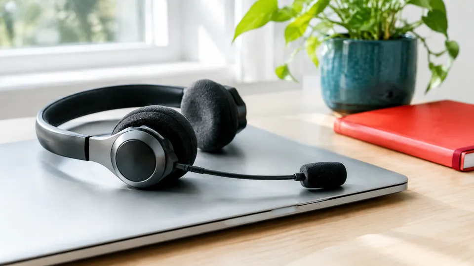 Nærbillede af et headset på en lukket bærbar computer på et lyst hjemmekontor